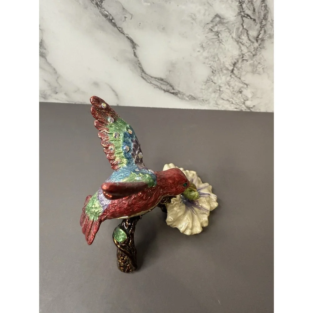 Beautiful Rare Hinged Hummingbird Shiny Jeweled Trinket Box W/Magnetic Clasp